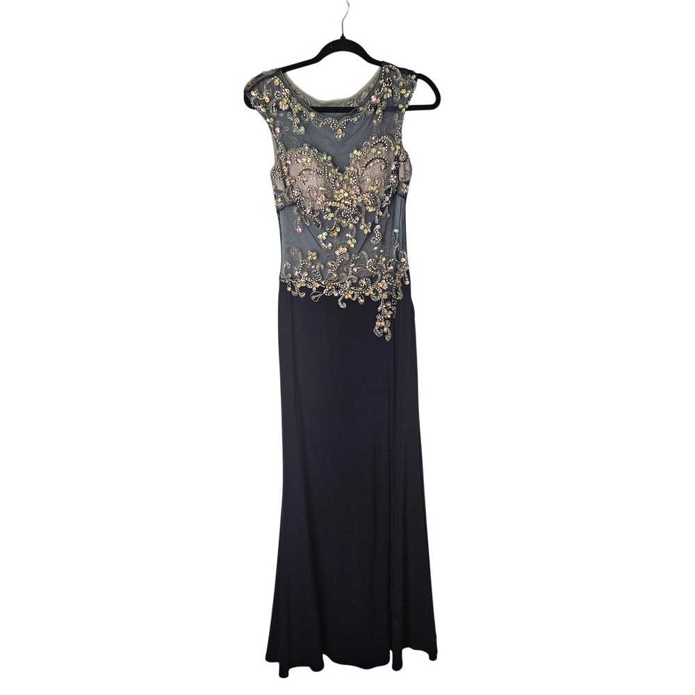 Alyce Beaded Embellished Illusion Bodice Blue Floor Length Gown Dress Size 2